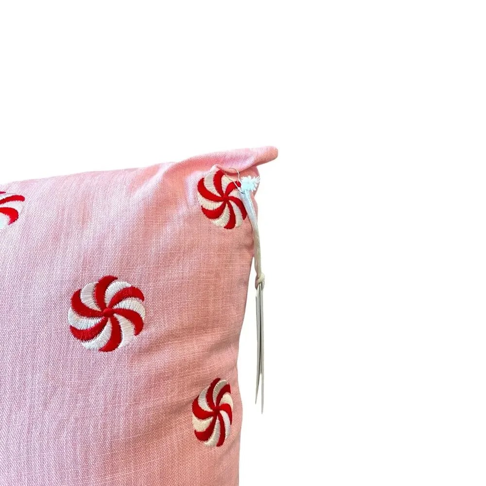 Pinkmas Peppermint Swirl Pillow 20x20 Embroidered Christmas Holiday Decor NEW